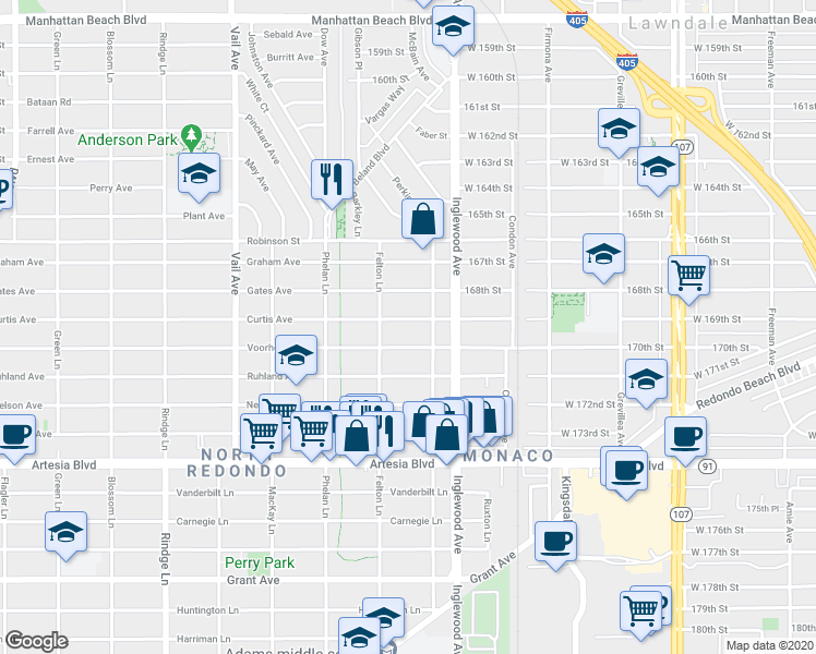 map of restaurants, bars, coffee shops, grocery stores, and more near 2608 Curtis Avenue in Redondo Beach