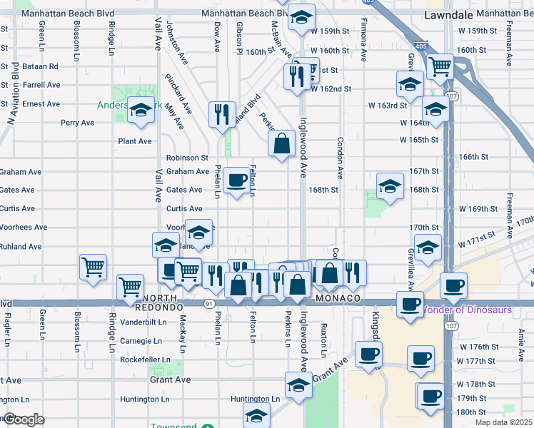 map of restaurants, bars, coffee shops, grocery stores, and more near 2608 Curtis Avenue in Redondo Beach