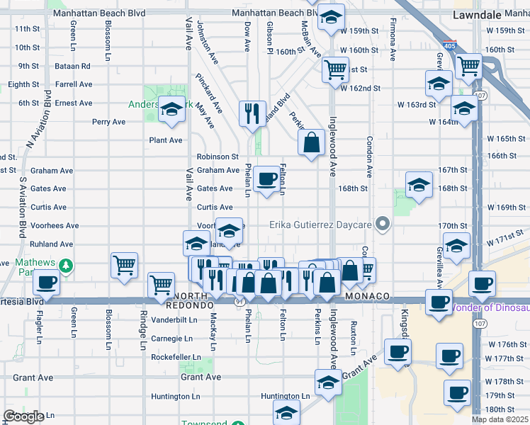 map of restaurants, bars, coffee shops, grocery stores, and more near 2516 Curtis Avenue in Redondo Beach