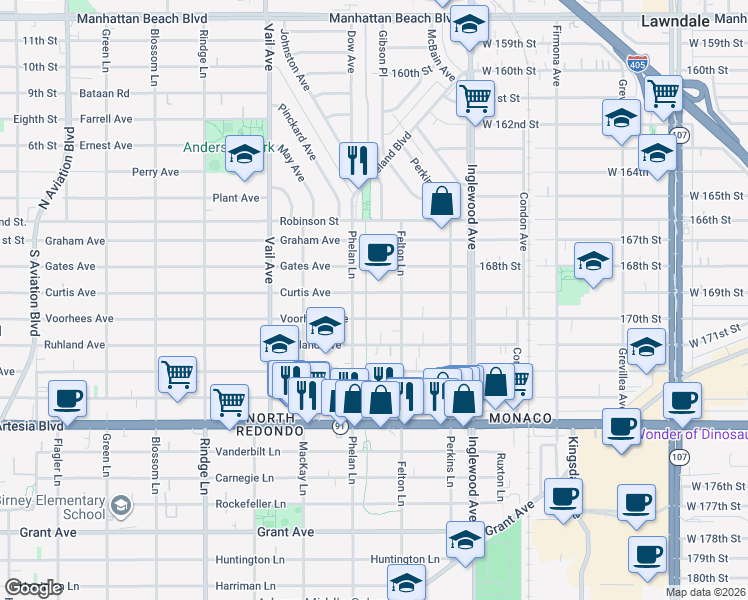 map of restaurants, bars, coffee shops, grocery stores, and more near 2510 Curtis Avenue in Redondo Beach