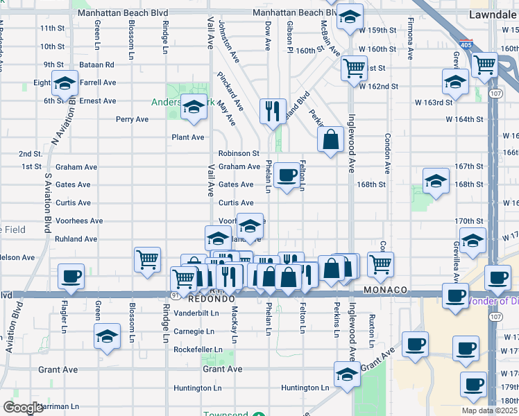 map of restaurants, bars, coffee shops, grocery stores, and more near 2422 Curtis Avenue in Redondo Beach