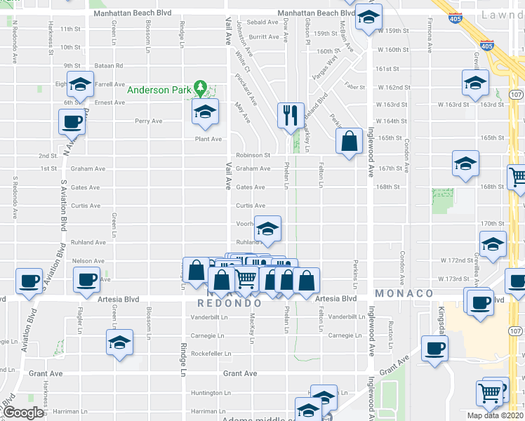 map of restaurants, bars, coffee shops, grocery stores, and more near 2404 Curtis Avenue in Redondo Beach