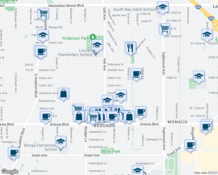 map of restaurants, bars, coffee shops, grocery stores, and more near 2307 1/2 Curtis Avenue in Redondo Beach