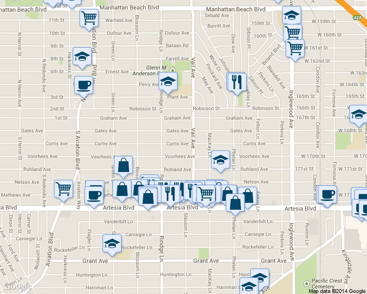map of restaurants, bars, coffee shops, grocery stores, and more near 2218 Curtis Avenue in Redondo Beach
