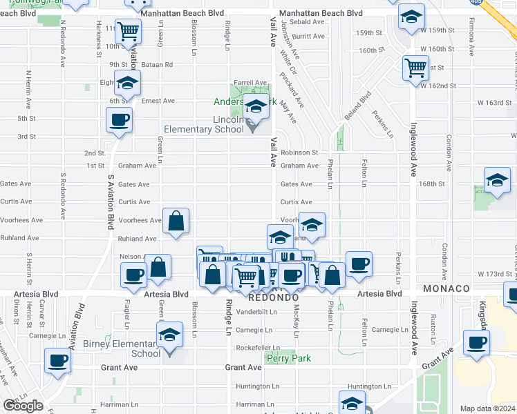 map of restaurants, bars, coffee shops, grocery stores, and more near 2218 Curtis Avenue in Redondo Beach