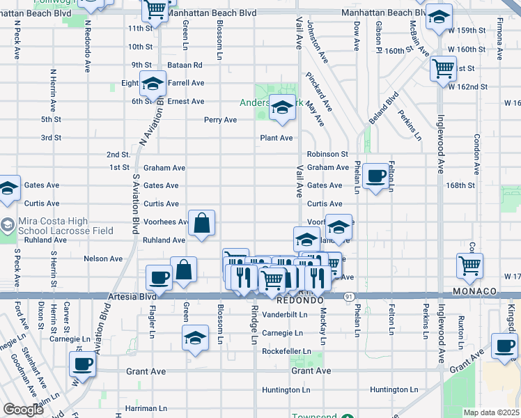 map of restaurants, bars, coffee shops, grocery stores, and more near 2200 Curtis Avenue in Redondo Beach