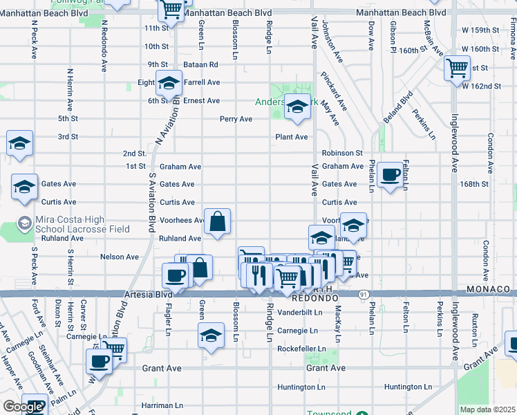 map of restaurants, bars, coffee shops, grocery stores, and more near 2111a Curtis Avenue in Redondo Beach