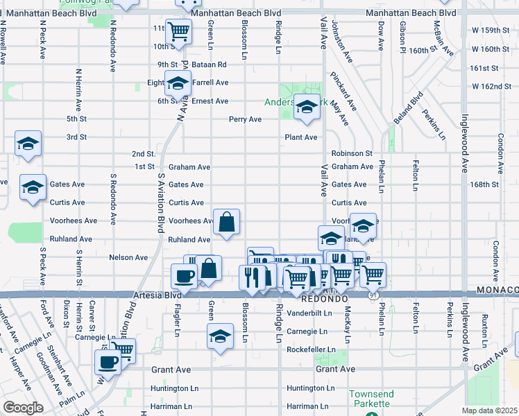 map of restaurants, bars, coffee shops, grocery stores, and more near 2111a Curtis Avenue in Redondo Beach