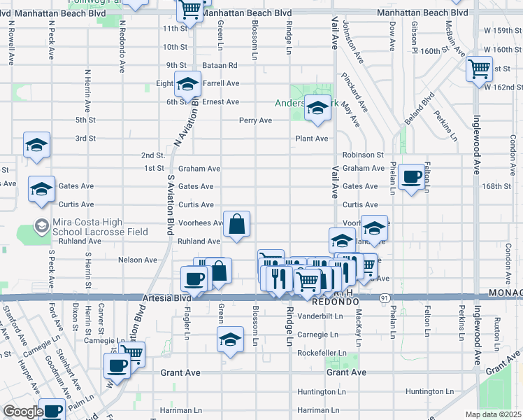 map of restaurants, bars, coffee shops, grocery stores, and more near 2111a Curtis Avenue in Redondo Beach