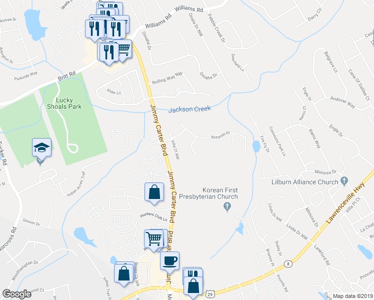 map of restaurants, bars, coffee shops, grocery stores, and more near 563 Old Mill Court Northwest in Norcross