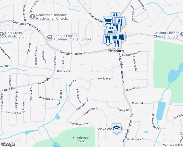 map of restaurants, bars, coffee shops, grocery stores, and more near 4131 Gladney Drive in Atlanta