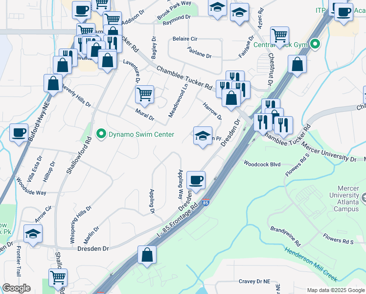 map of restaurants, bars, coffee shops, grocery stores, and more near 3019 Trafalgar Way in Atlanta