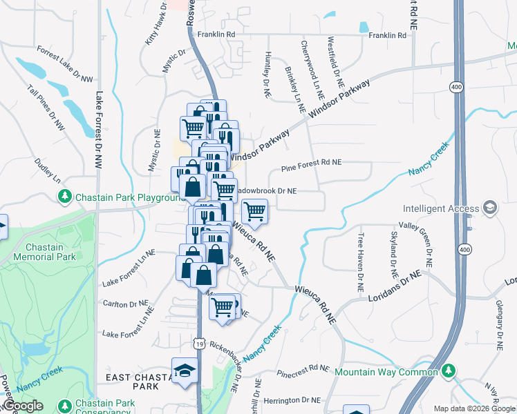 map of restaurants, bars, coffee shops, grocery stores, and more near 322 Valley Brook Way in Atlanta