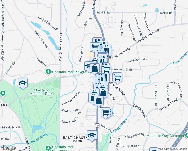 map of restaurants, bars, coffee shops, grocery stores, and more near 174 West Wieuca Road Northeast in Atlanta