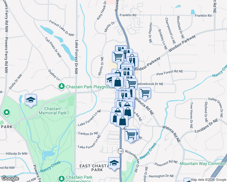 map of restaurants, bars, coffee shops, grocery stores, and more near 135 West Wieuca Road Northeast in Atlanta