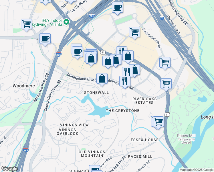 map of restaurants, bars, coffee shops, grocery stores, and more near 3000 Cumberland Boulevard Southeast in Atlanta