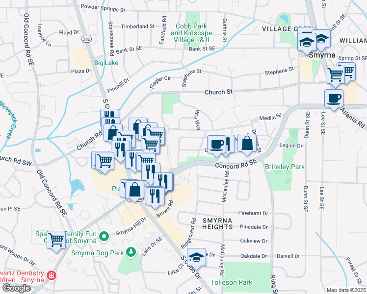 map of restaurants, bars, coffee shops, grocery stores, and more near 933 Dell Avenue Southeast in Smyrna