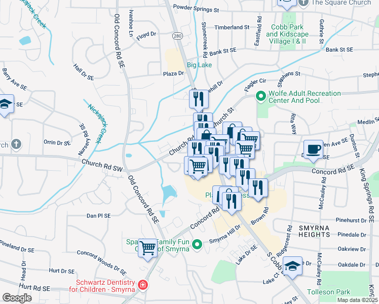 map of restaurants, bars, coffee shops, grocery stores, and more near 718 Surrey Park Place Southeast in Smyrna