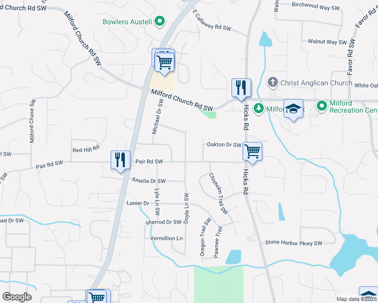 map of restaurants, bars, coffee shops, grocery stores, and more near 3110 Holbrook Drive Southwest in Marietta