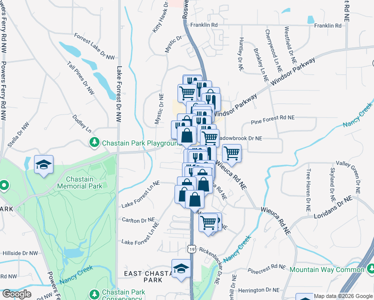 map of restaurants, bars, coffee shops, grocery stores, and more near 174 West Wieuca Road Northeast in Atlanta