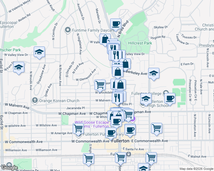 map of restaurants, bars, coffee shops, grocery stores, and more near 136 West Union Avenue in Fullerton
