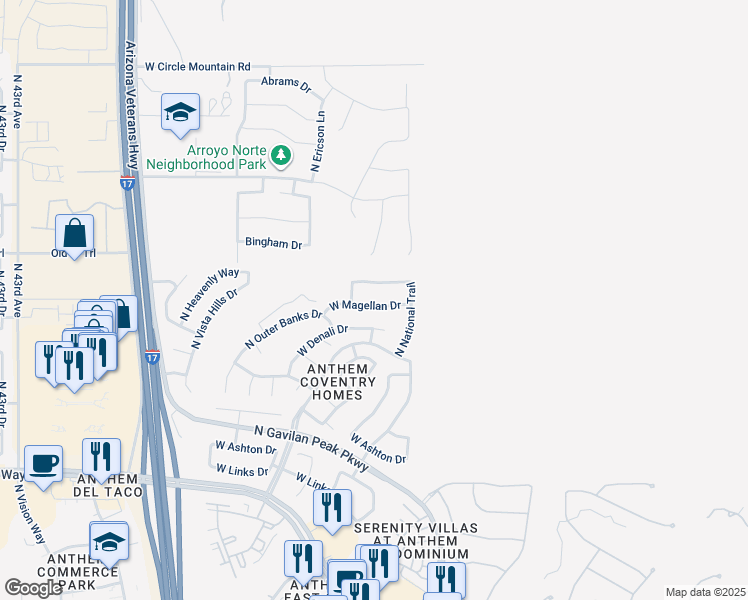map of restaurants, bars, coffee shops, grocery stores, and more near 3556 West Magellan Drive in New River