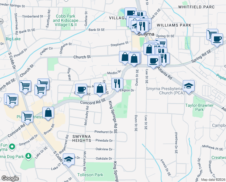 map of restaurants, bars, coffee shops, grocery stores, and more near 1169A Concord Road Southeast in Smyrna