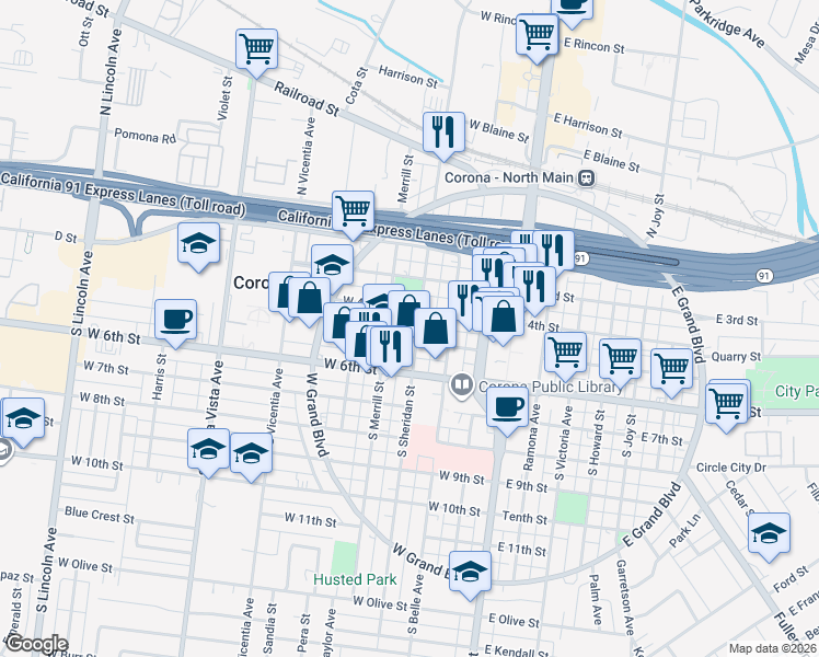 map of restaurants, bars, coffee shops, grocery stores, and more near 414 South Sheridan Street in Corona