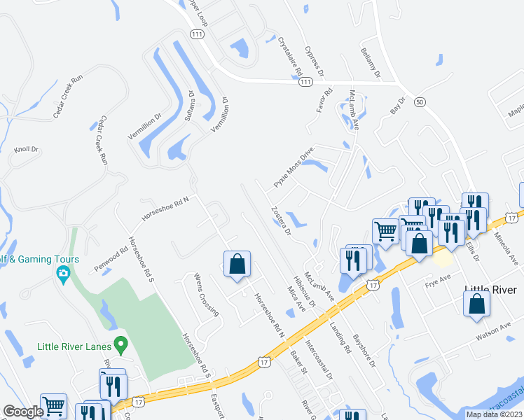 map of restaurants, bars, coffee shops, grocery stores, and more near 4155 Hibiscus Drive in Little River