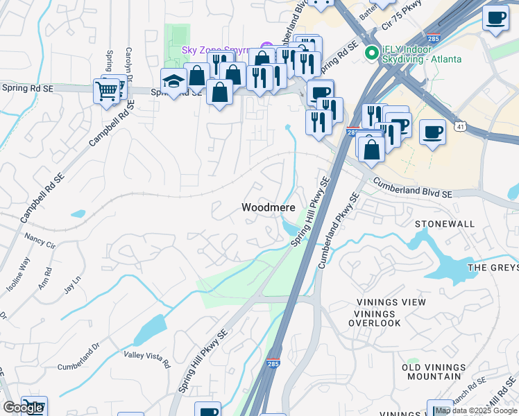 map of restaurants, bars, coffee shops, grocery stores, and more near 3020 Spring Hill Parkway Southeast in Smyrna