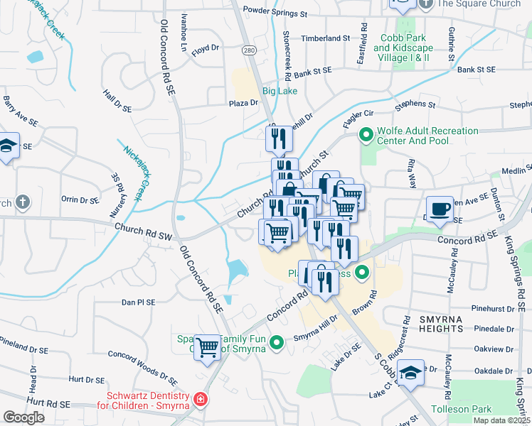 map of restaurants, bars, coffee shops, grocery stores, and more near 726 Surrey Park Place Southeast in Smyrna