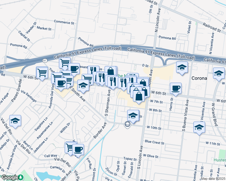 map of restaurants, bars, coffee shops, grocery stores, and more near 1252 W 6th St in Corona