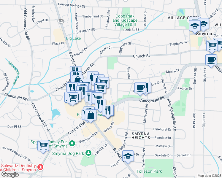 map of restaurants, bars, coffee shops, grocery stores, and more near 899 Concord Road Southeast in Smyrna