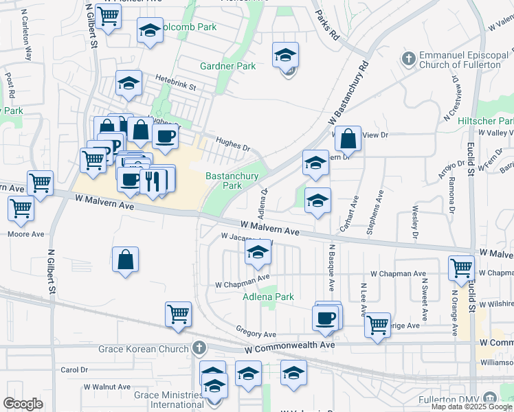 map of restaurants, bars, coffee shops, grocery stores, and more near 807 Adlena Drive in Fullerton