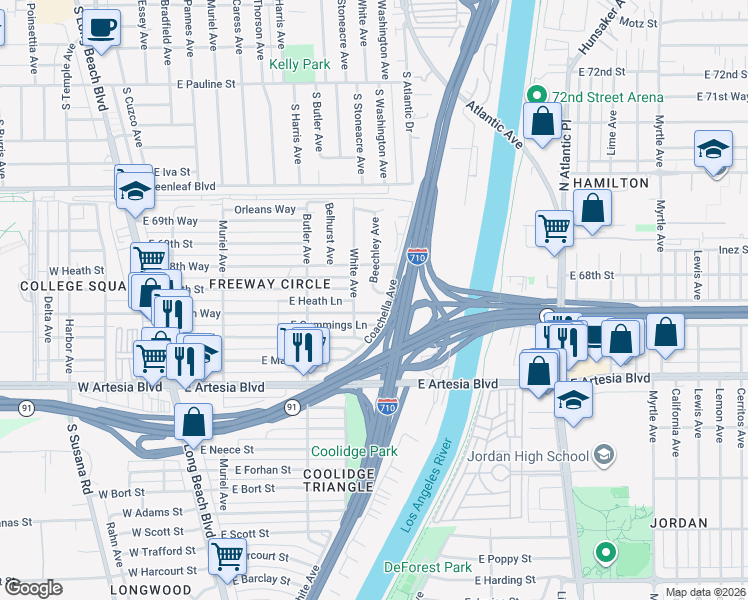 map of restaurants, bars, coffee shops, grocery stores, and more near 6793 Beechley Avenue in Long Beach