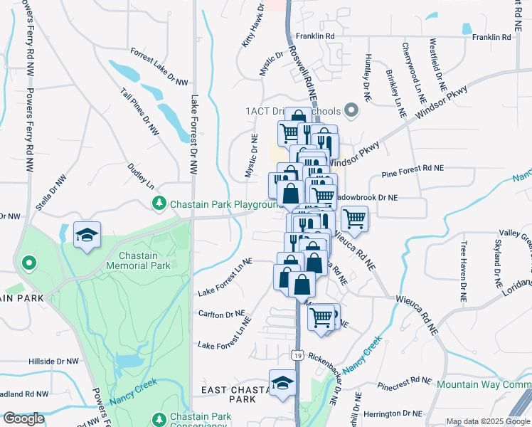 map of restaurants, bars, coffee shops, grocery stores, and more near 2050 Chastain Park Court Northeast in Atlanta