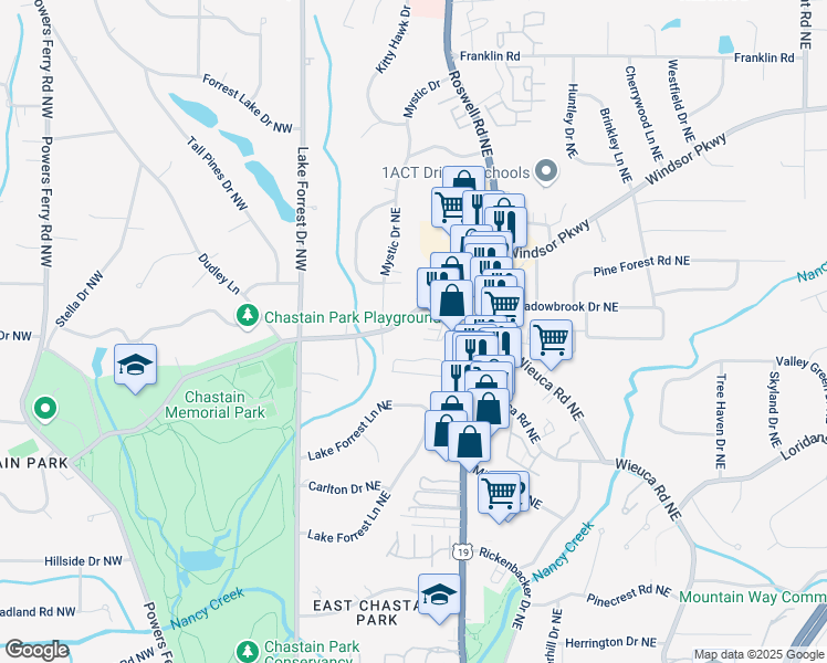 map of restaurants, bars, coffee shops, grocery stores, and more near 1005 Chastain Park Court Northeast in Atlanta