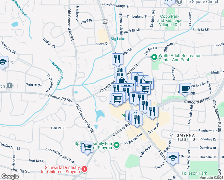 map of restaurants, bars, coffee shops, grocery stores, and more near 718 Surrey Park Place Southeast in Smyrna