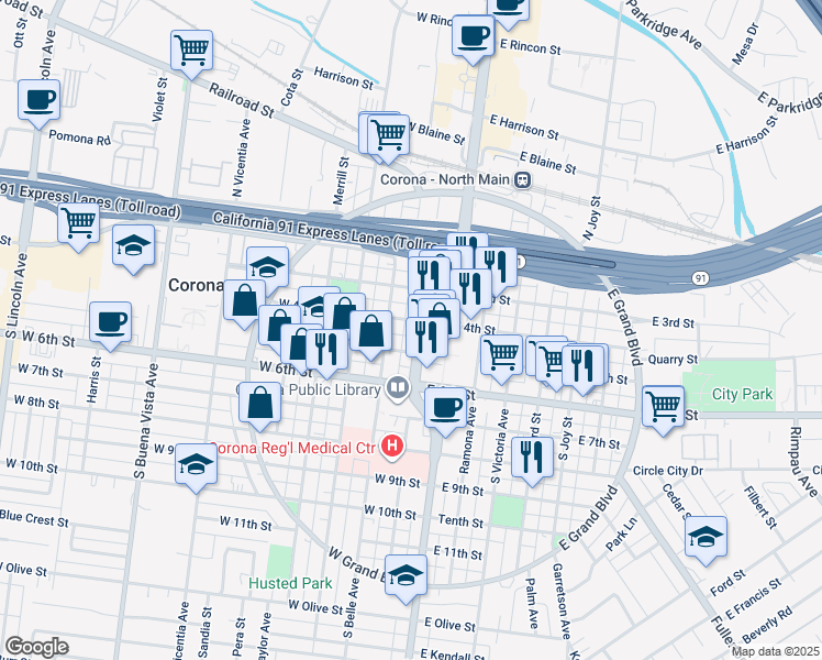 map of restaurants, bars, coffee shops, grocery stores, and more near in Corona