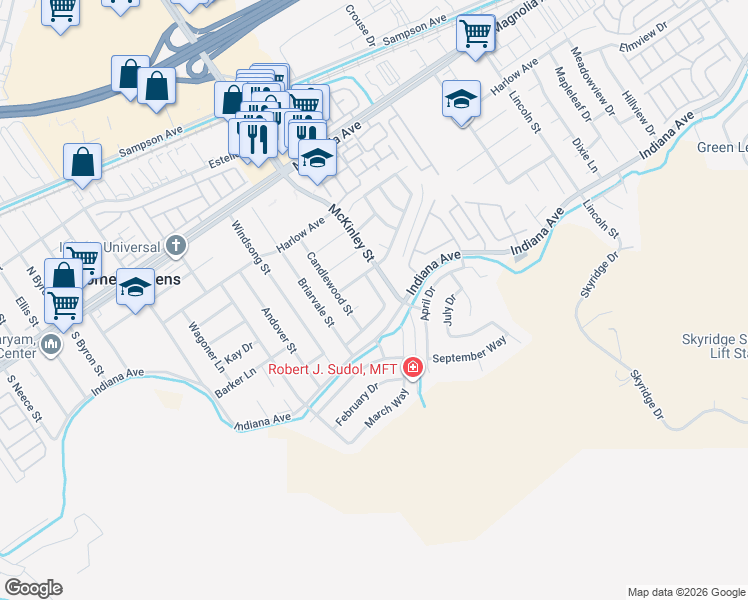 map of restaurants, bars, coffee shops, grocery stores, and more near 3456 Crownworth Street in Corona