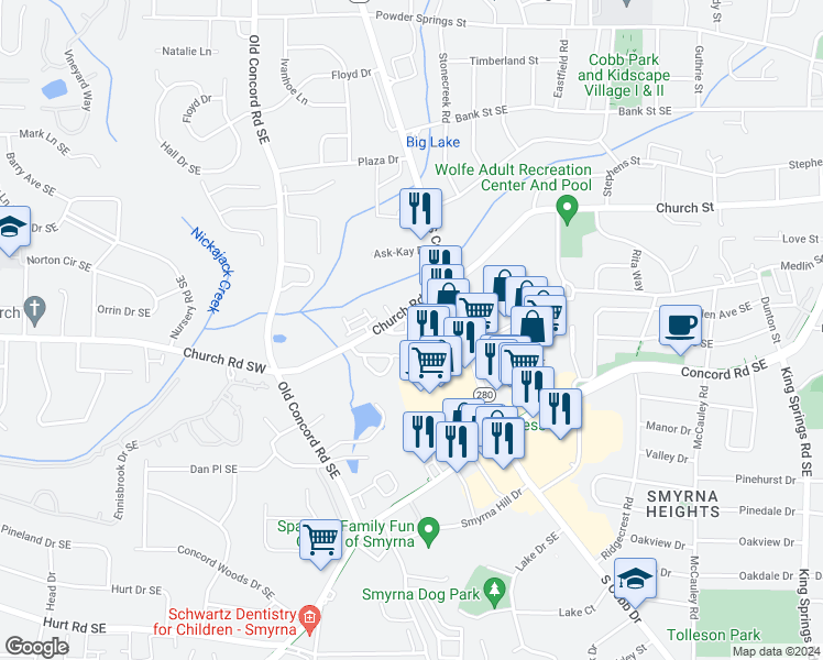 map of restaurants, bars, coffee shops, grocery stores, and more near 720 Surrey Park Place Southeast in Smyrna