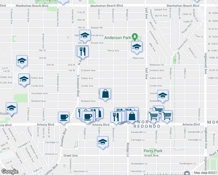 map of restaurants, bars, coffee shops, grocery stores, and more near 2016 Curtis Avenue in Redondo Beach