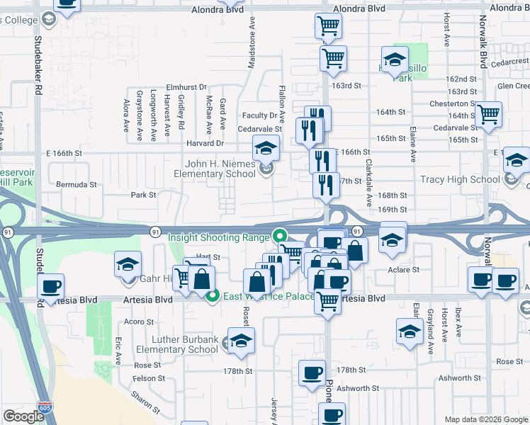 map of restaurants, bars, coffee shops, grocery stores, and more near 11618 168th Street in Artesia