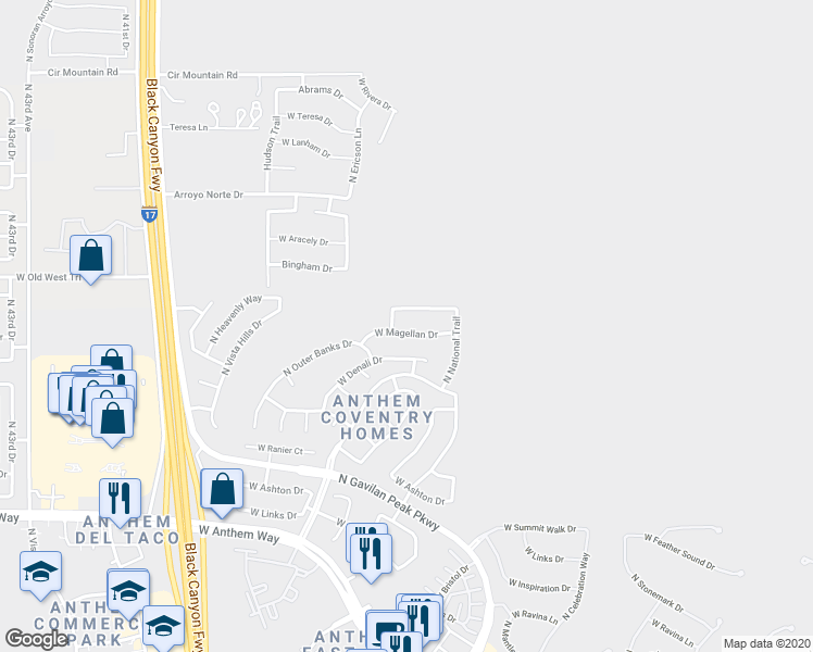 map of restaurants, bars, coffee shops, grocery stores, and more near 3612 West Magellan Drive in New River