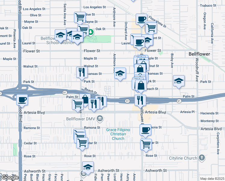 map of restaurants, bars, coffee shops, grocery stores, and more near 17137 Ardmore Avenue in Bellflower
