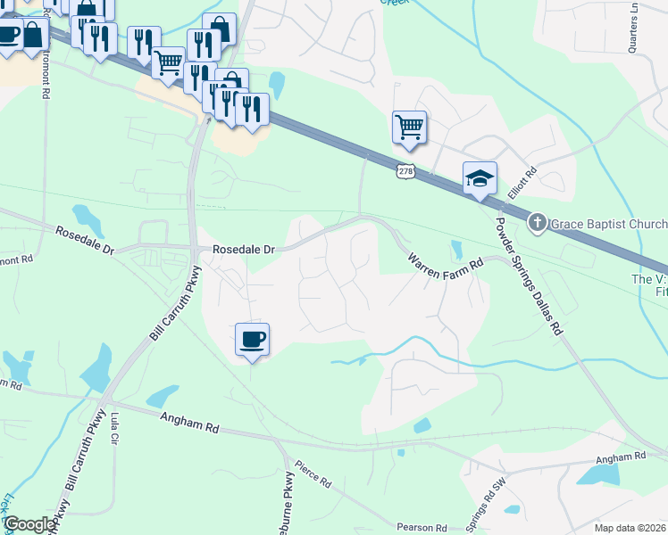 map of restaurants, bars, coffee shops, grocery stores, and more near 91 Ancient Oaks Way in Hiram