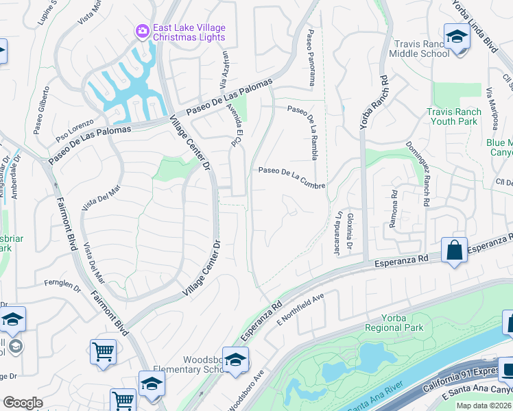 map of restaurants, bars, coffee shops, grocery stores, and more near 20633 Círculo Loma in Yorba Linda