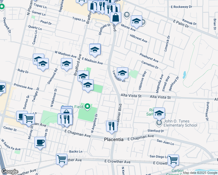 map of restaurants, bars, coffee shops, grocery stores, and more near 744 North Angelina Drive in Placentia