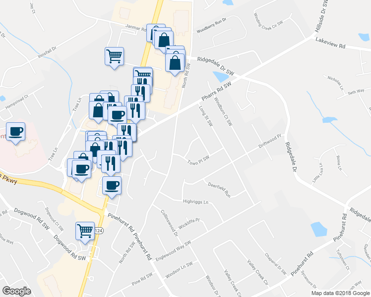 map of restaurants, bars, coffee shops, grocery stores, and more near 1883 Bent Trail Southwest in Snellville