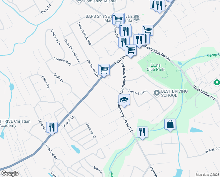 map of restaurants, bars, coffee shops, grocery stores, and more near 269 Braden Drive in Tucker